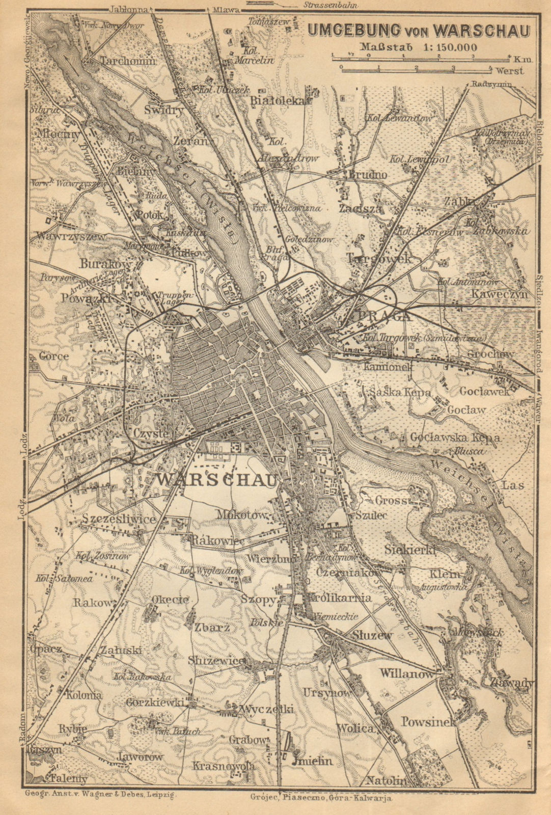 Environs of Warsaw. Poland. Warschau. BAEDEKER 1912 old antique map plan chart