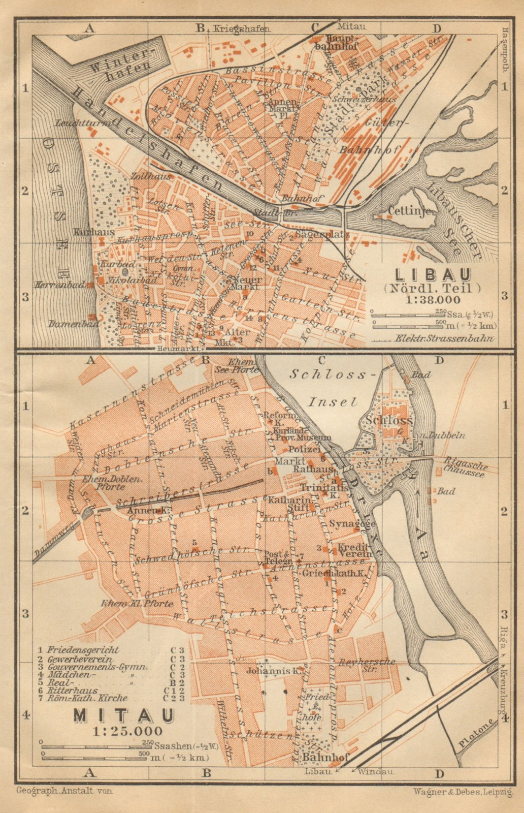 Liepaja (Northern part) / Jelgava town/city plan pilsetas karte. Latvia 1912 map