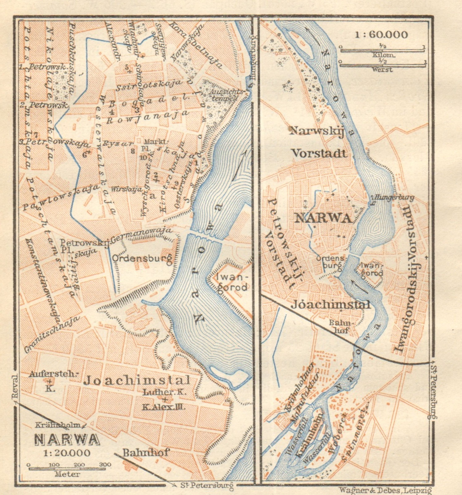 Narva town/city plan linna kaart. Estonia. BAEDEKER 1912 old antique map chart