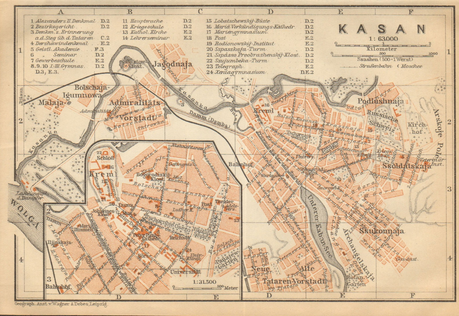 Associate Product Kazan town/city plan. Russia. Kasan. BAEDEKER 1912 old antique map chart