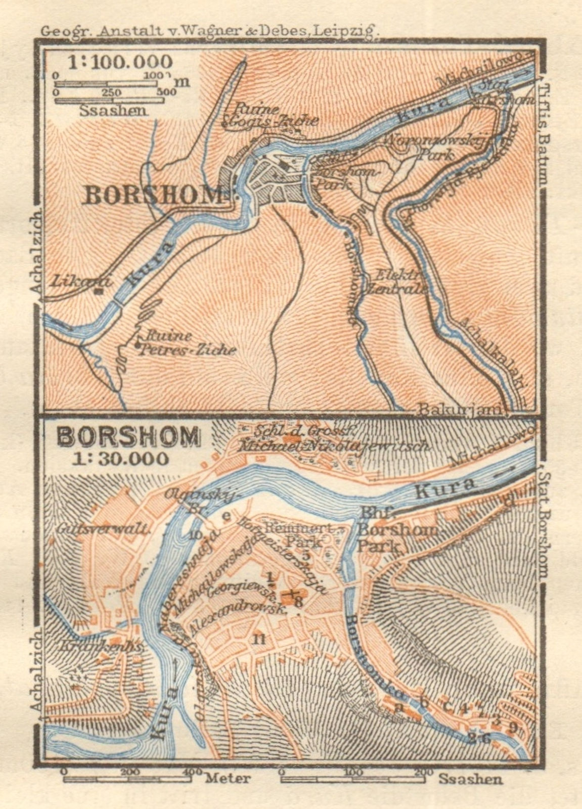 Borjomi (Borshom) town/city plan. Georgia. VERY SMALL. BAEDEKER 1912 old map