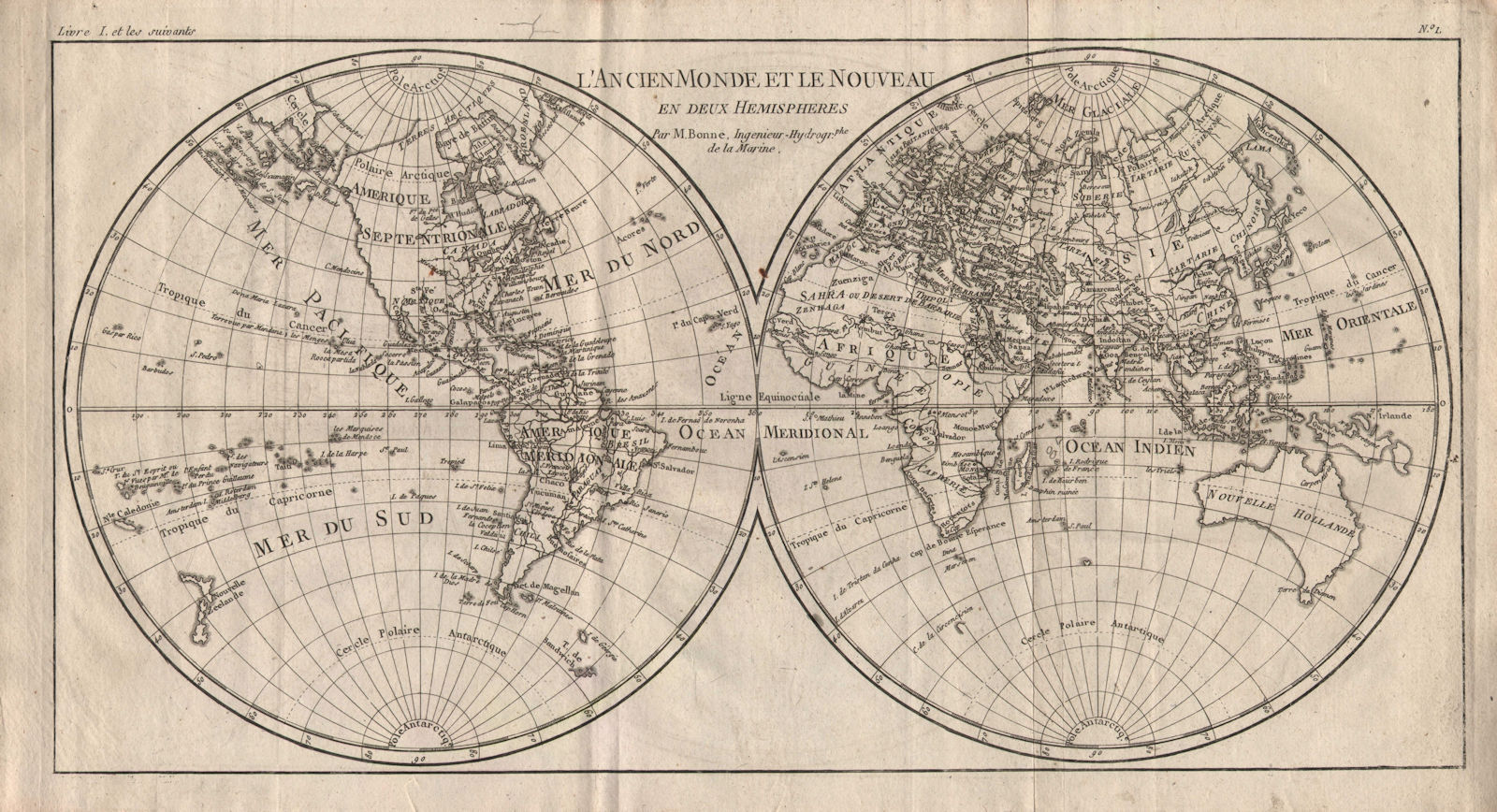 Associate Product "L'Ancien Monde et le Nouveau en Deux Hemispheres". World. BONNE 1780 old map