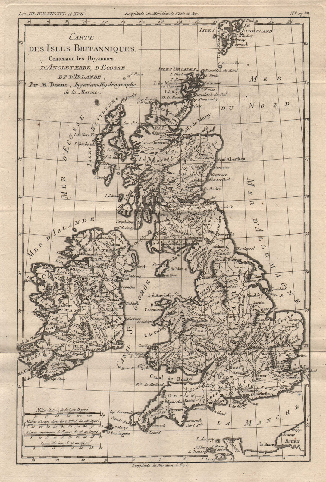 "Carte des Isles Britanniques…". British Isles. BONNE 1780 old antique map