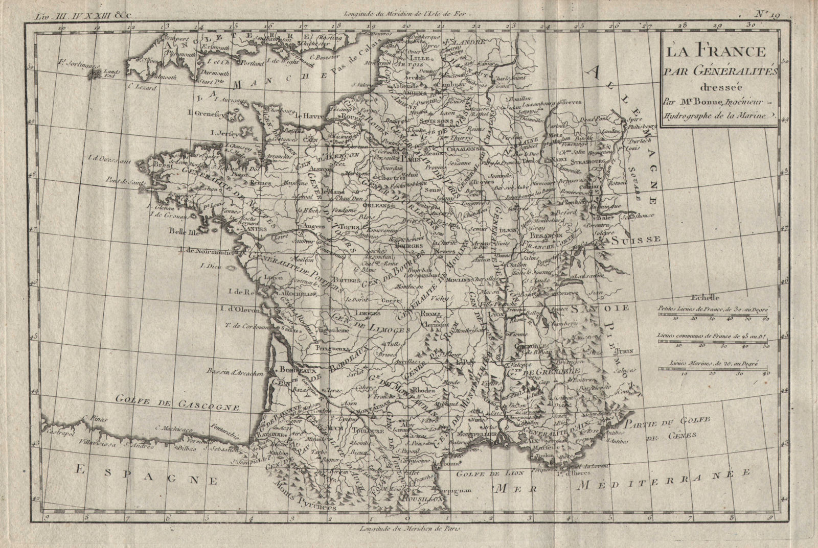 Associate Product "La France par Généralities". Ancien Régime France. BONNE 1780 old antique map