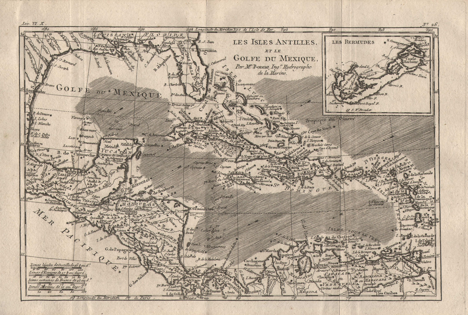 "Les Isles Antilles et le Golfe du Méxique". Caribbean. BONNE 1780 old map