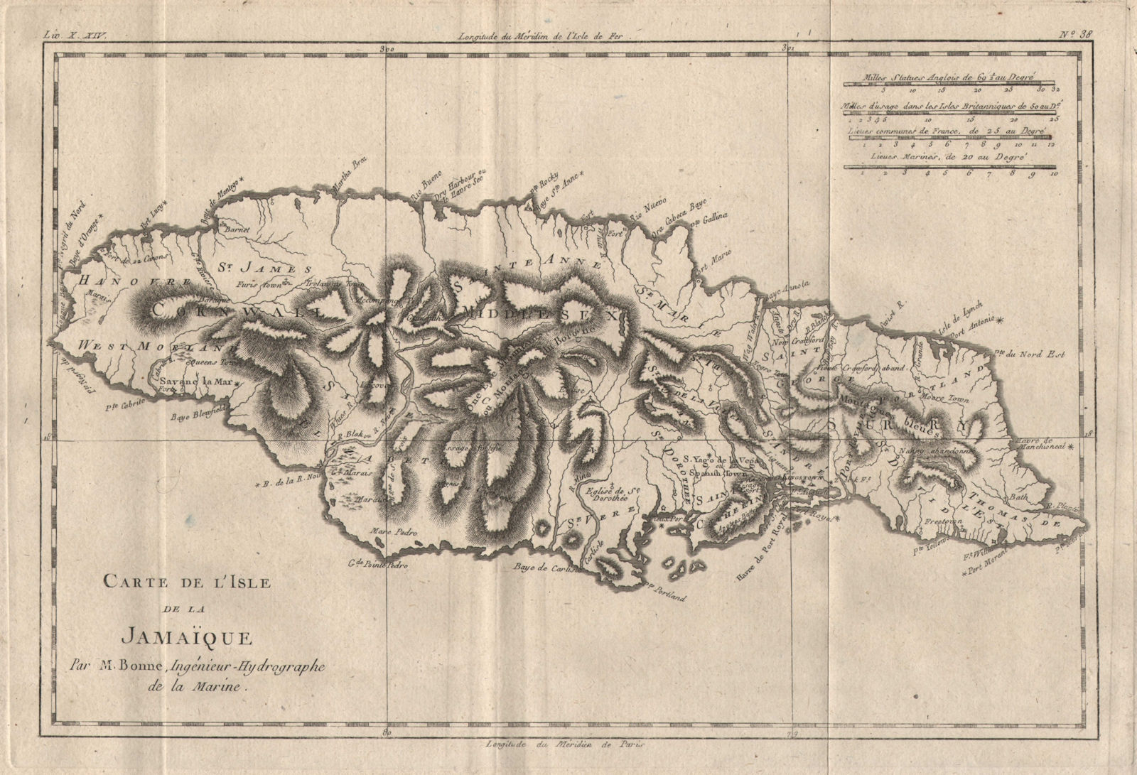 "Carte de l'Isle de la Jamaique". Jamaica. BONNE 1780 old antique map chart
