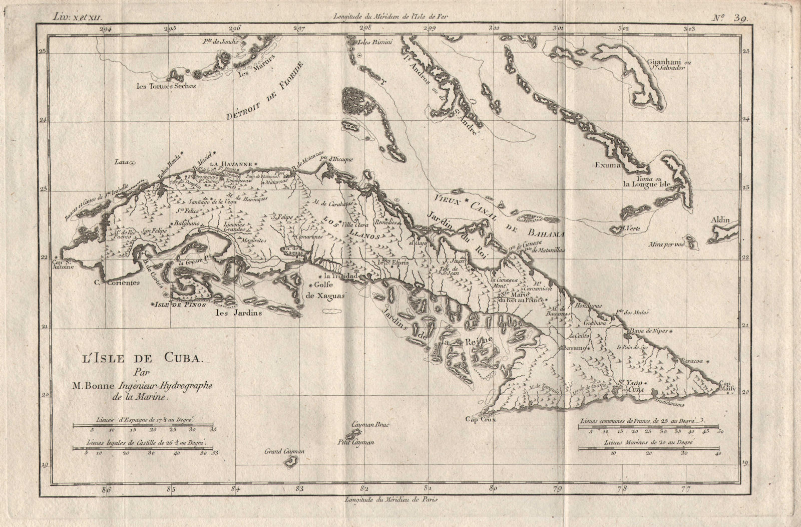 "L'Isle de Cuba", the southern Bahamas and the Florida Keys. BONNE 1780 map