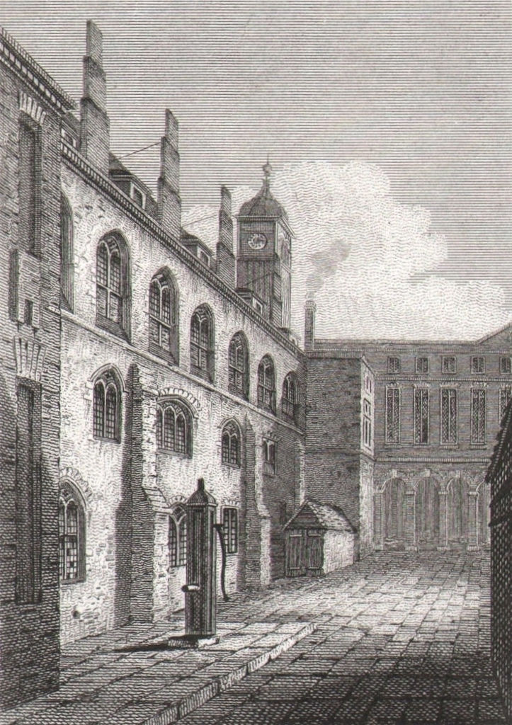 The ancient buildings, Christ's Hospital, London. Antique engraved print 1817