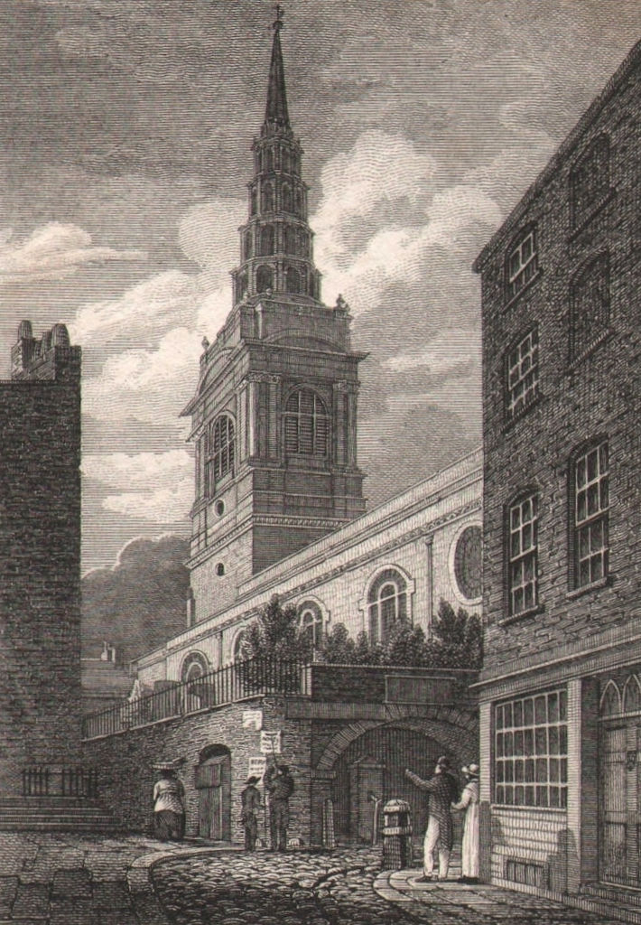 St. Bride's Church, Fleet Street, London. Antique engraved print 1817