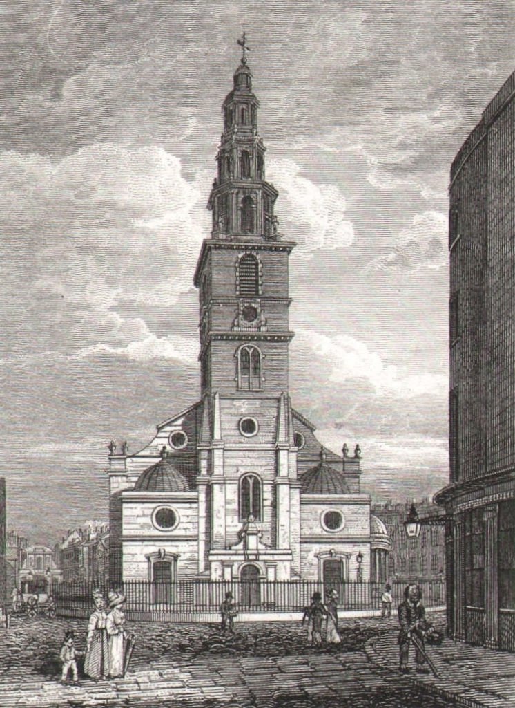 St. Clement's Danes church, Strand, London. Antique engraved print 1817