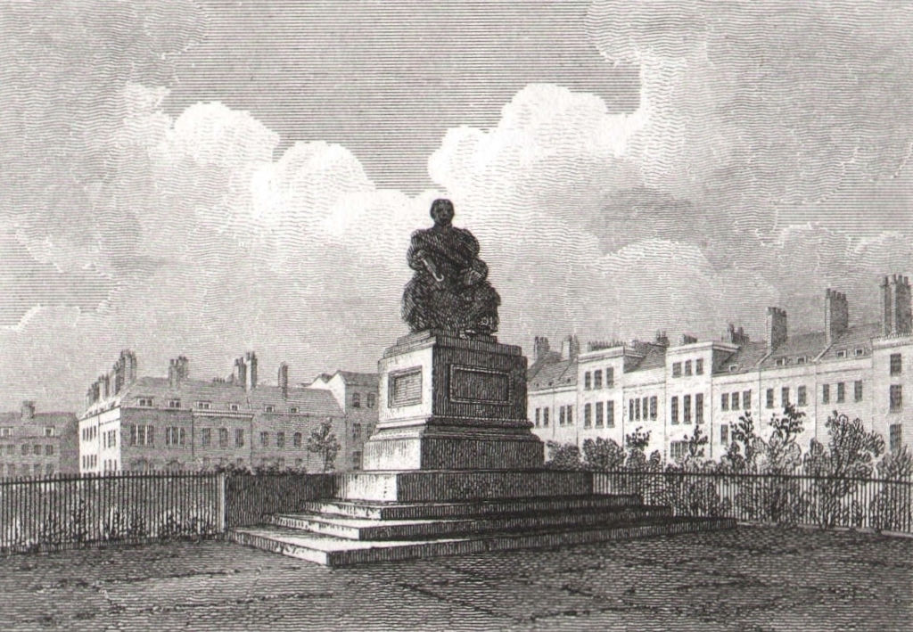 Associate Product Charles James Fox statue, Bloomsbury Square, London. Antique engraved print 1817