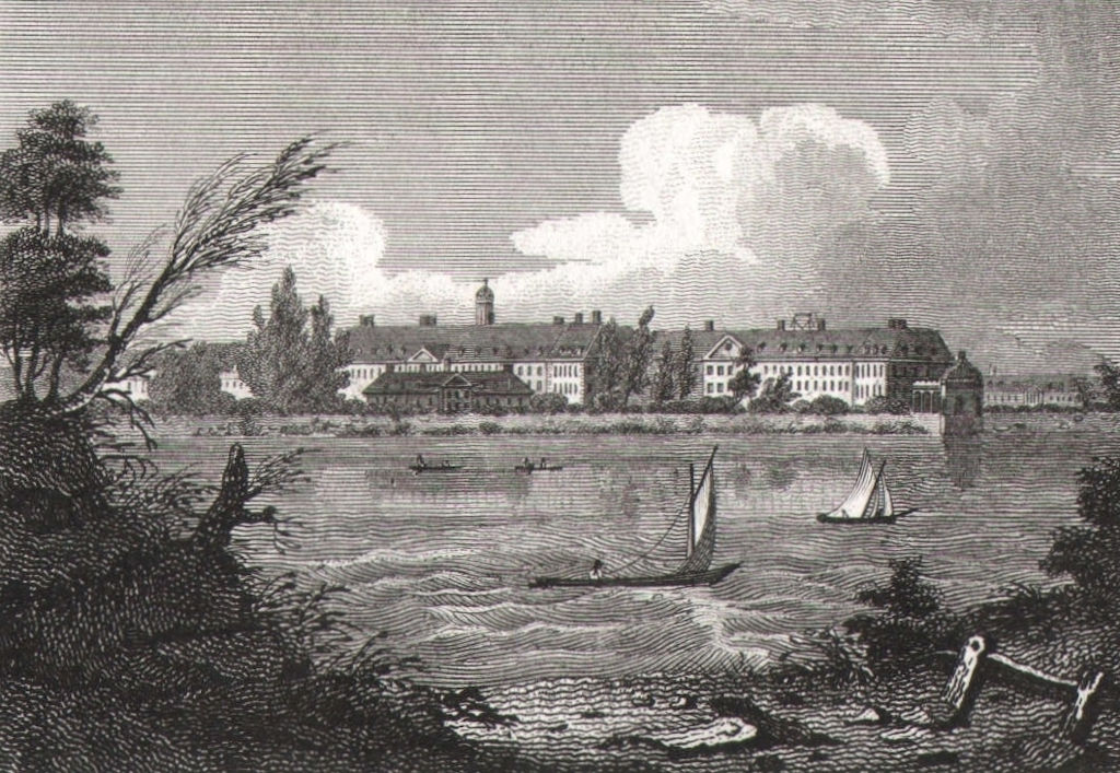 Associate Product Chelsea Hospital from the Thames, London. Antique engraved print 1817