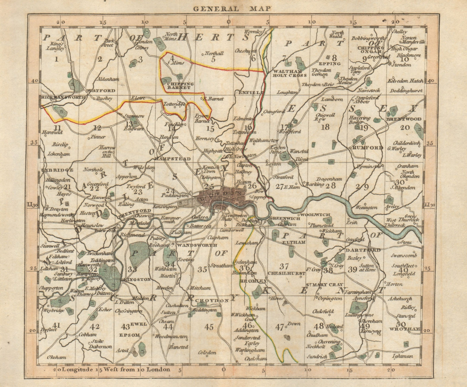 Associate Product LONDON 15 miles around London - General index map CARY 1786 old antique