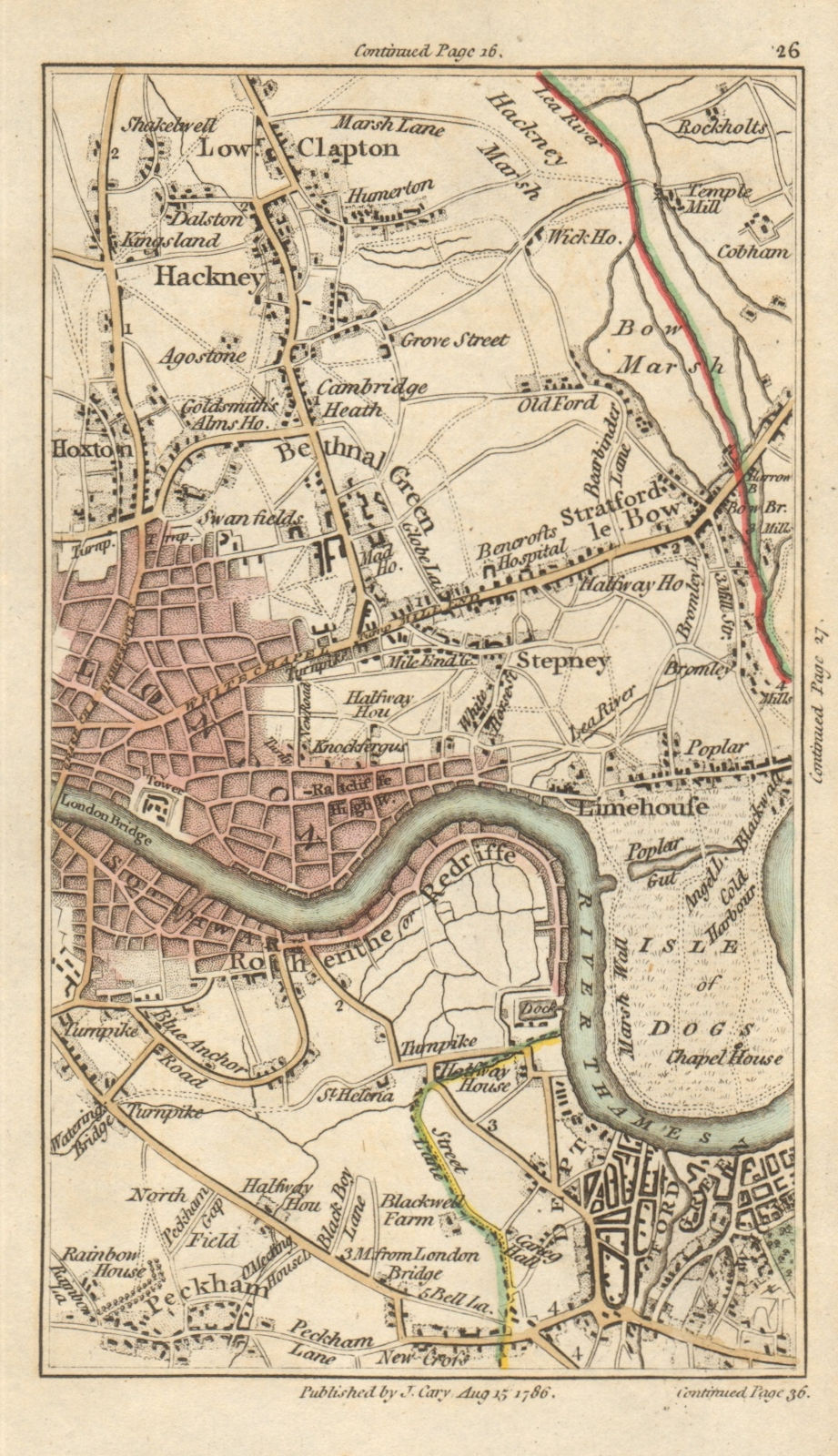 EAST END Hackney Hoxton Stratford Bow City Bermondsey Isle of Dogs CARY 1786 map