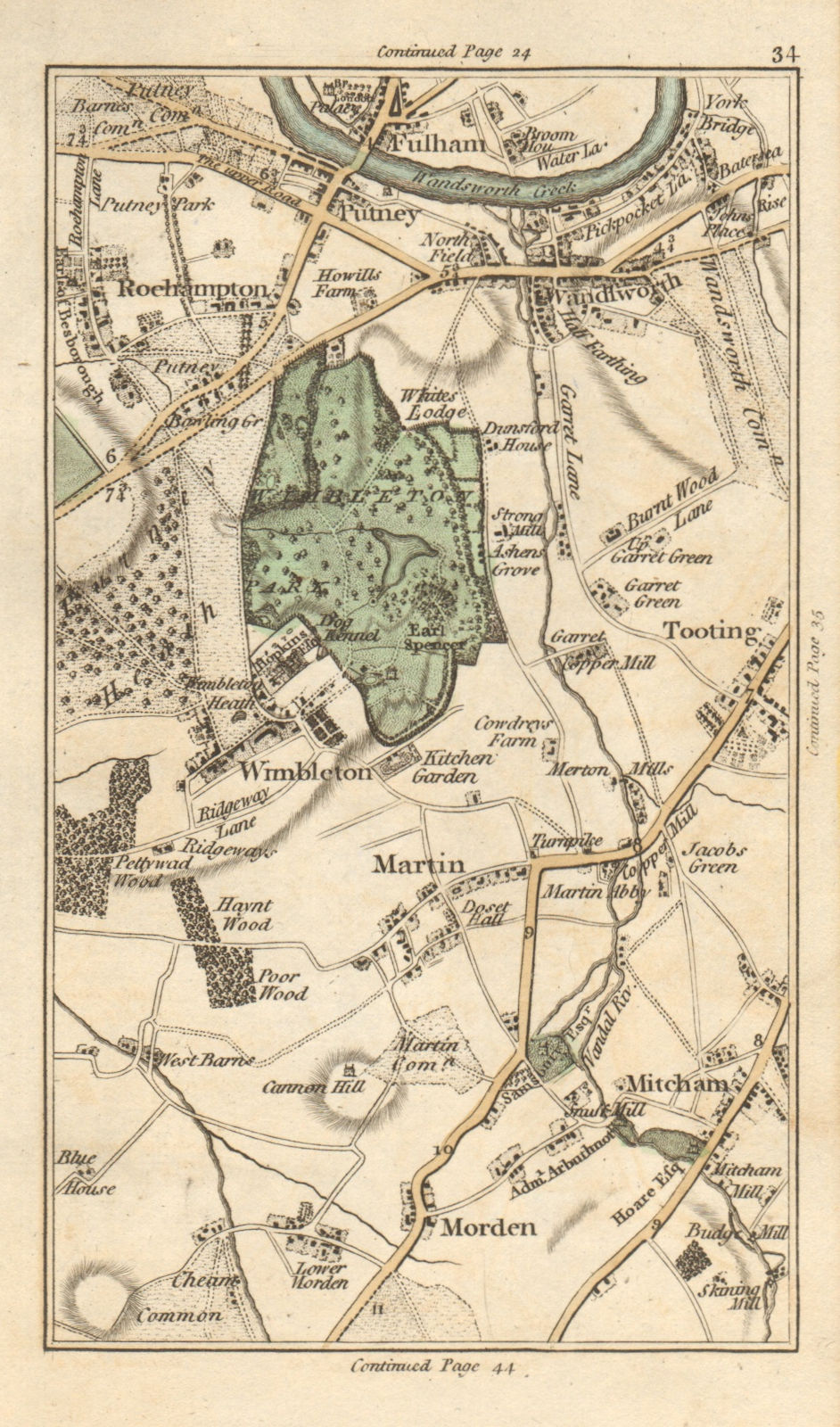 WANDSWORTH Putney Roehampton Fulham Tooting Wimbledon Morden Merton 1786 map