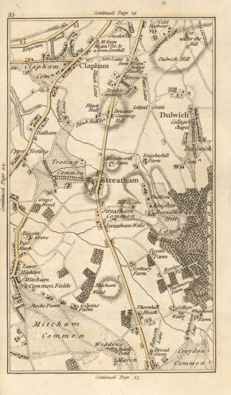 CLAPHAM Streatham Dulwich Tooting Mitcham Croydon Brixton Stockwell 1786 map