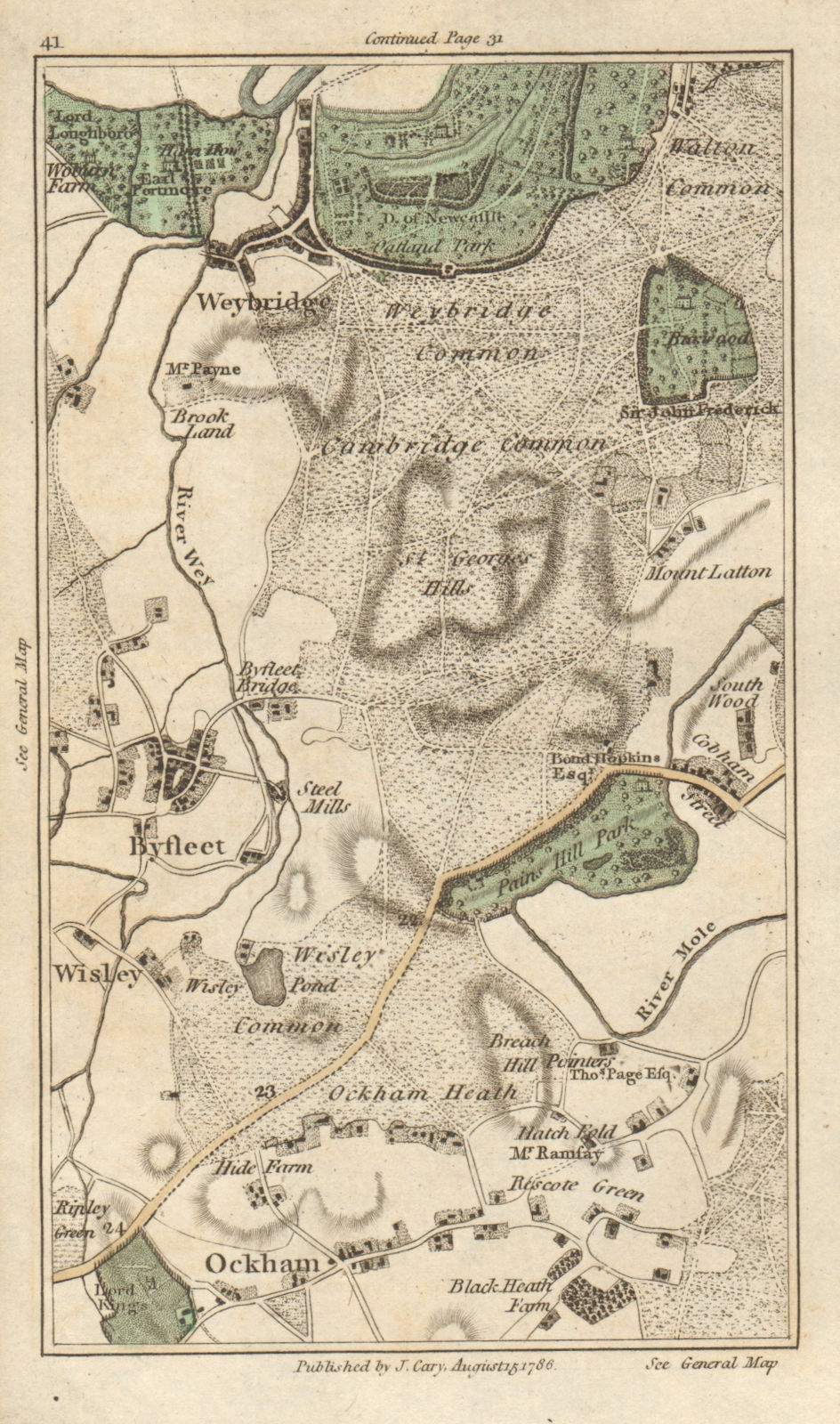 WEYBRIDGE Byfleet Ockham Wisley Cobham Walton-on-Thames Ripley CARY 1786 map