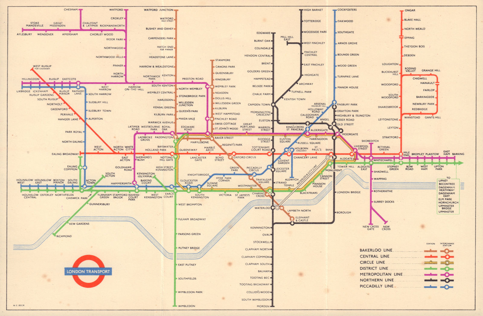LONDON UNDERGROUND diagram of lines tube plan. South Acton. HARRY BECK 1953 map