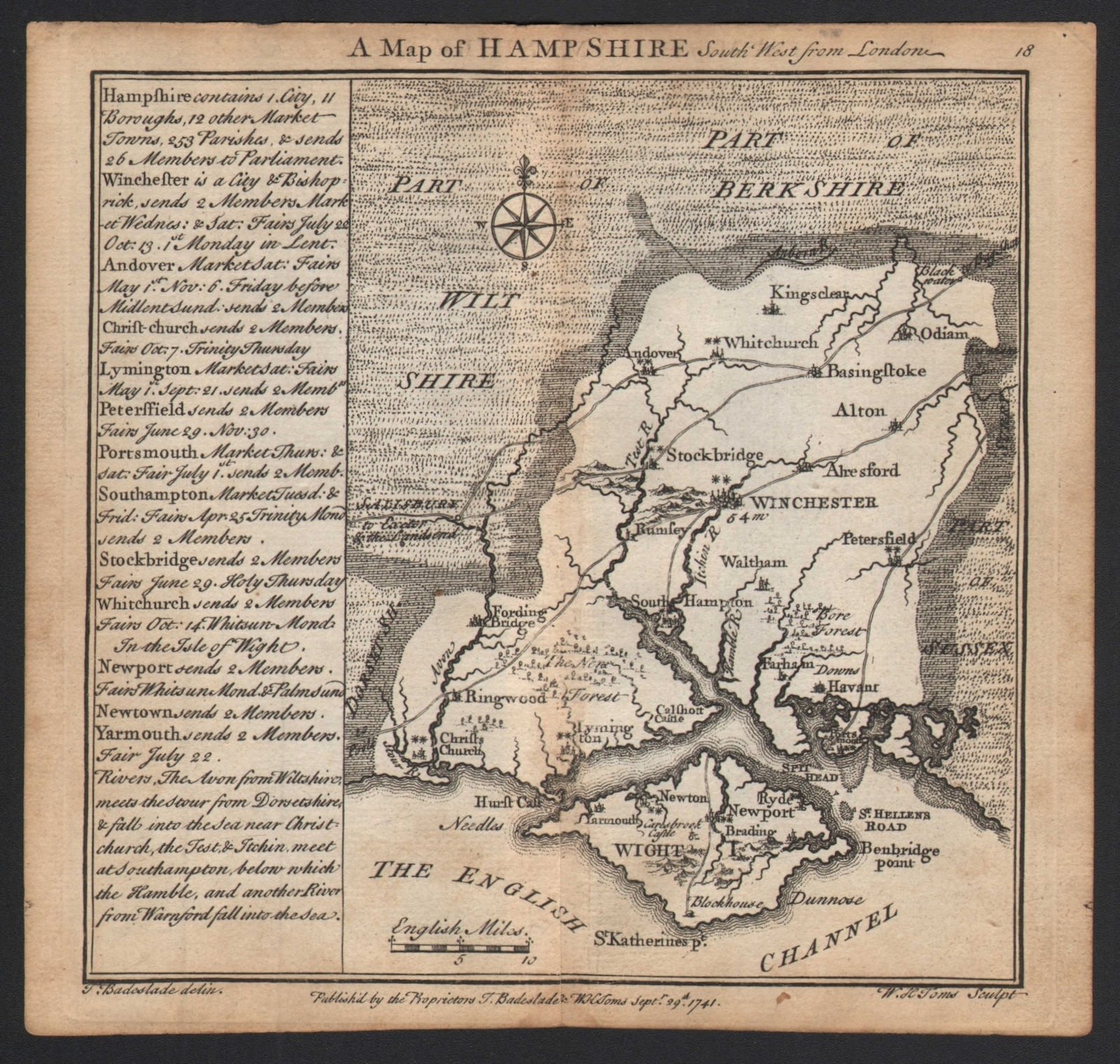 Associate Product Antique county map of Hampshire by Badeslade & Toms 1742 old chart