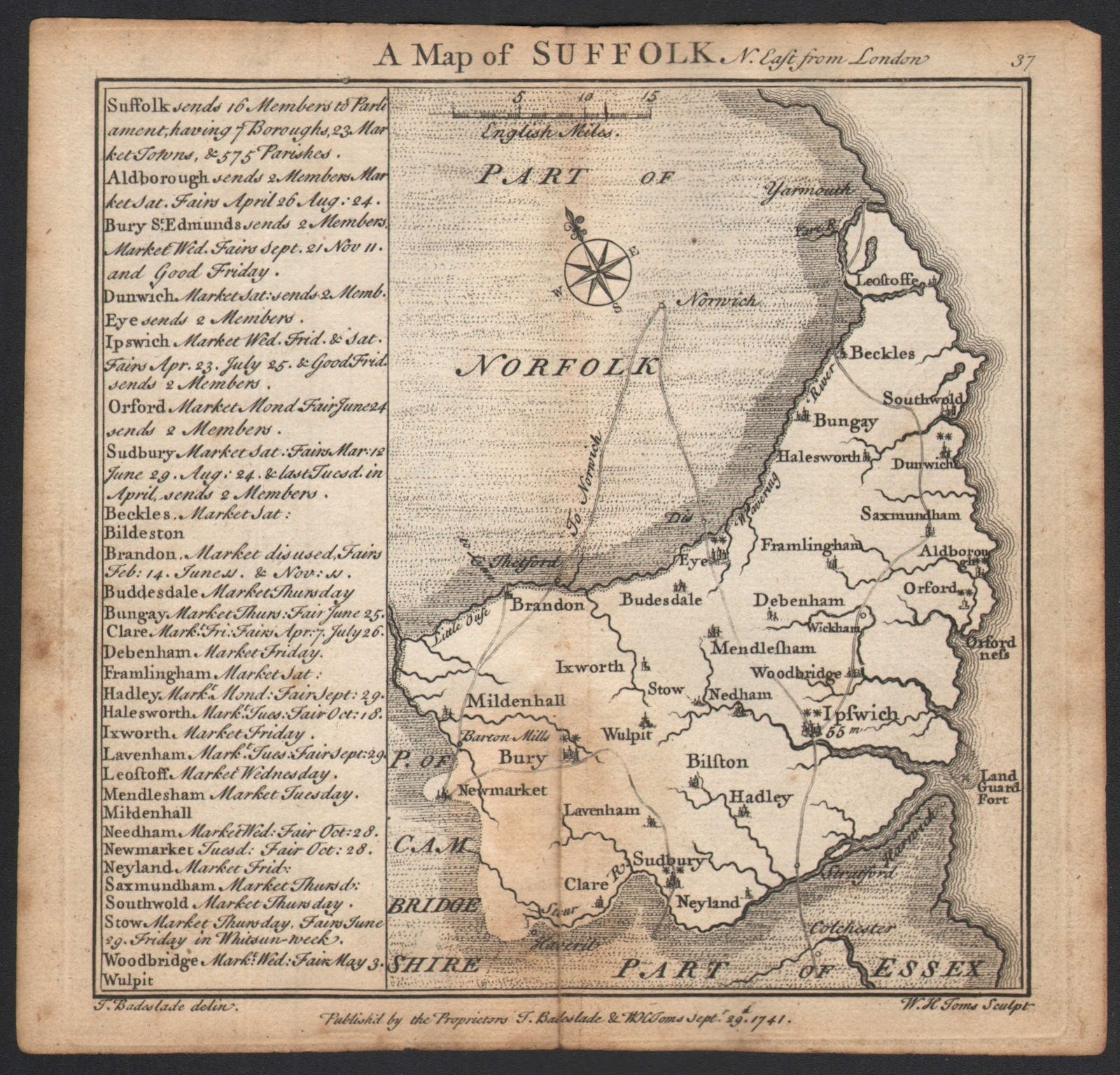 Antique county map of Suffolk by Badeslade & Toms 1742 old chart