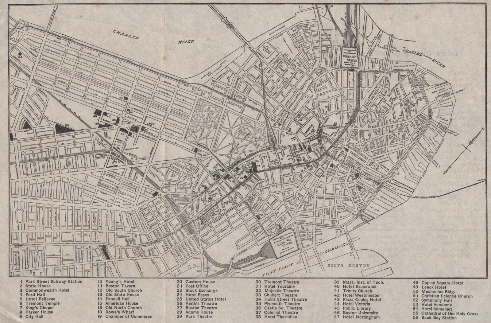 Associate Product BOSTON city plan showing public buildings, hotels & theatres c1916 old map