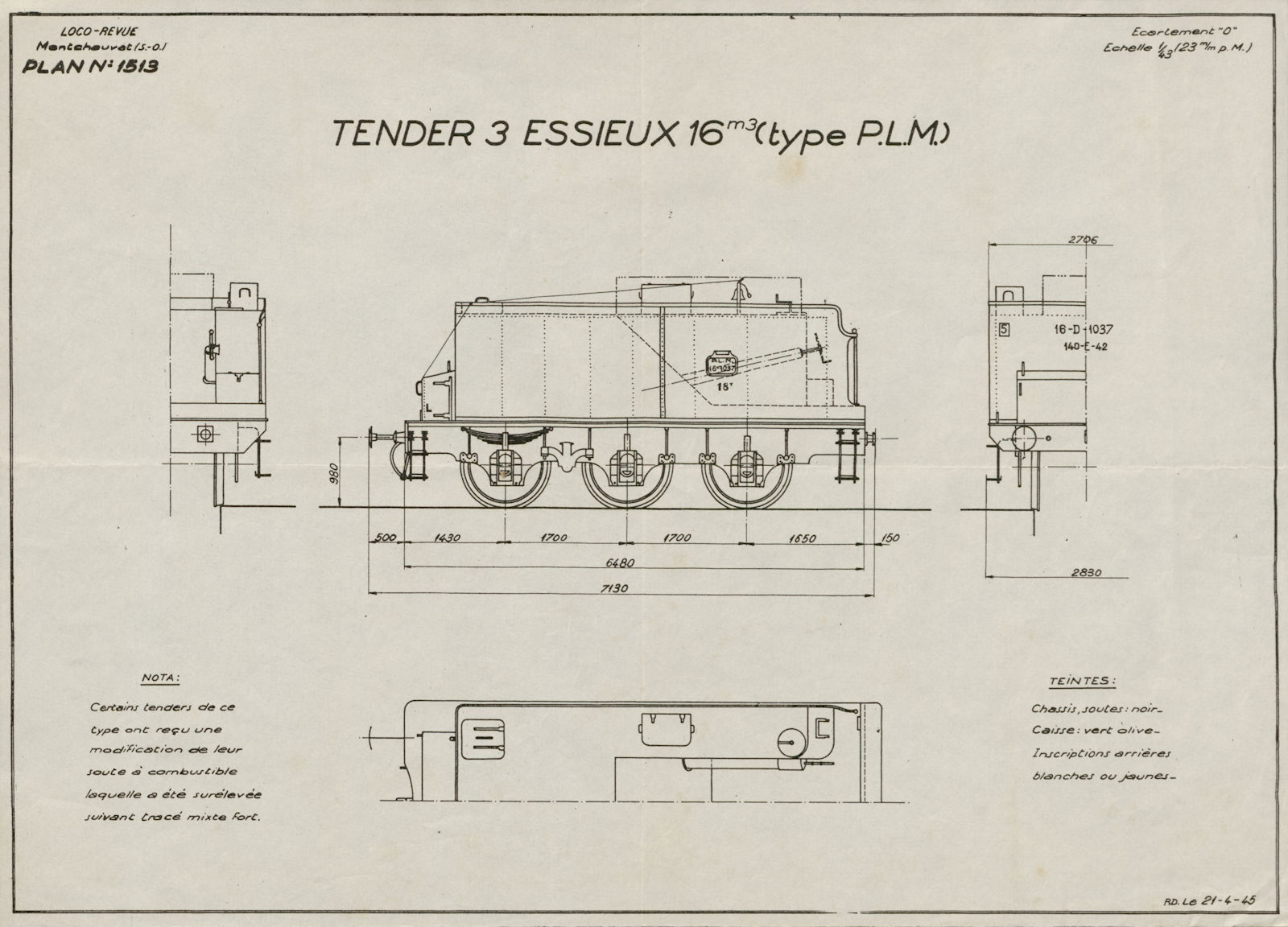 Tender 3 Essieux 16m3 Type PLM. Plan #1513. France railway drawing plan 1945