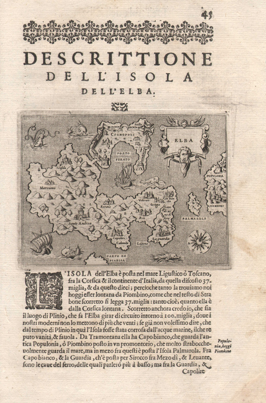 "Descrittione dell' Isola dell' Elba". PORCACCHI. Italy 1620 old antique map