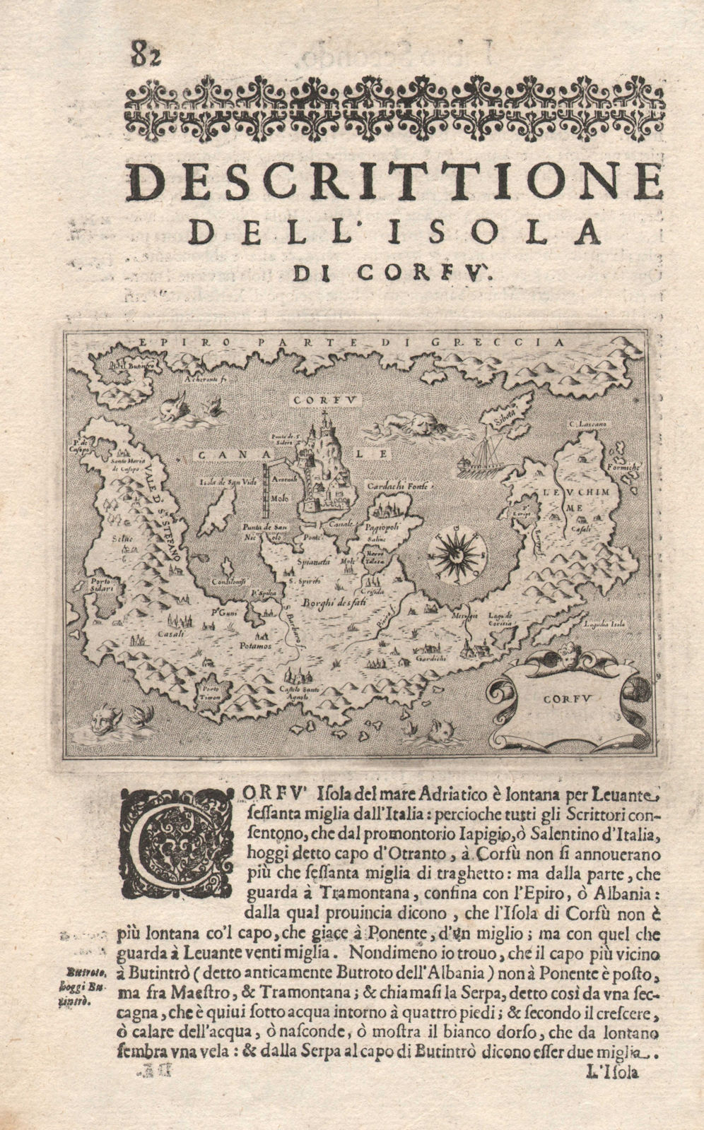 "Descrittione dell' Isola di Corfu". PORCACCHI. Ionian Greece 1620 old map