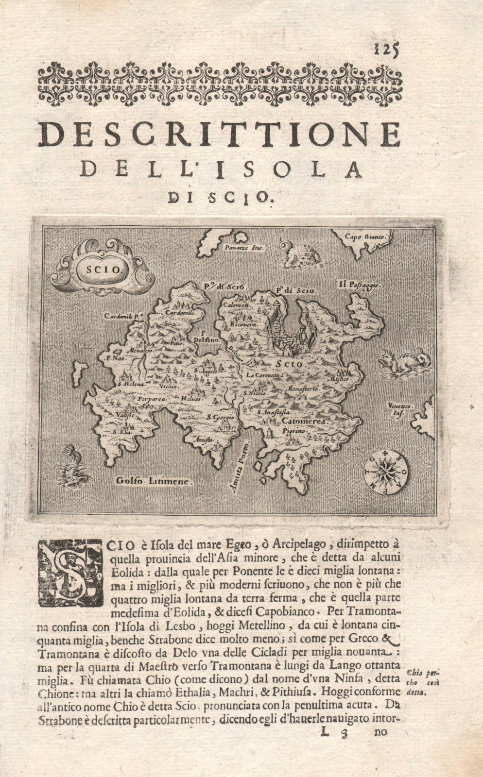 "Descrittione dell' Isola di Scio". PORCACCHI. Chios North Aegean 1620 old map