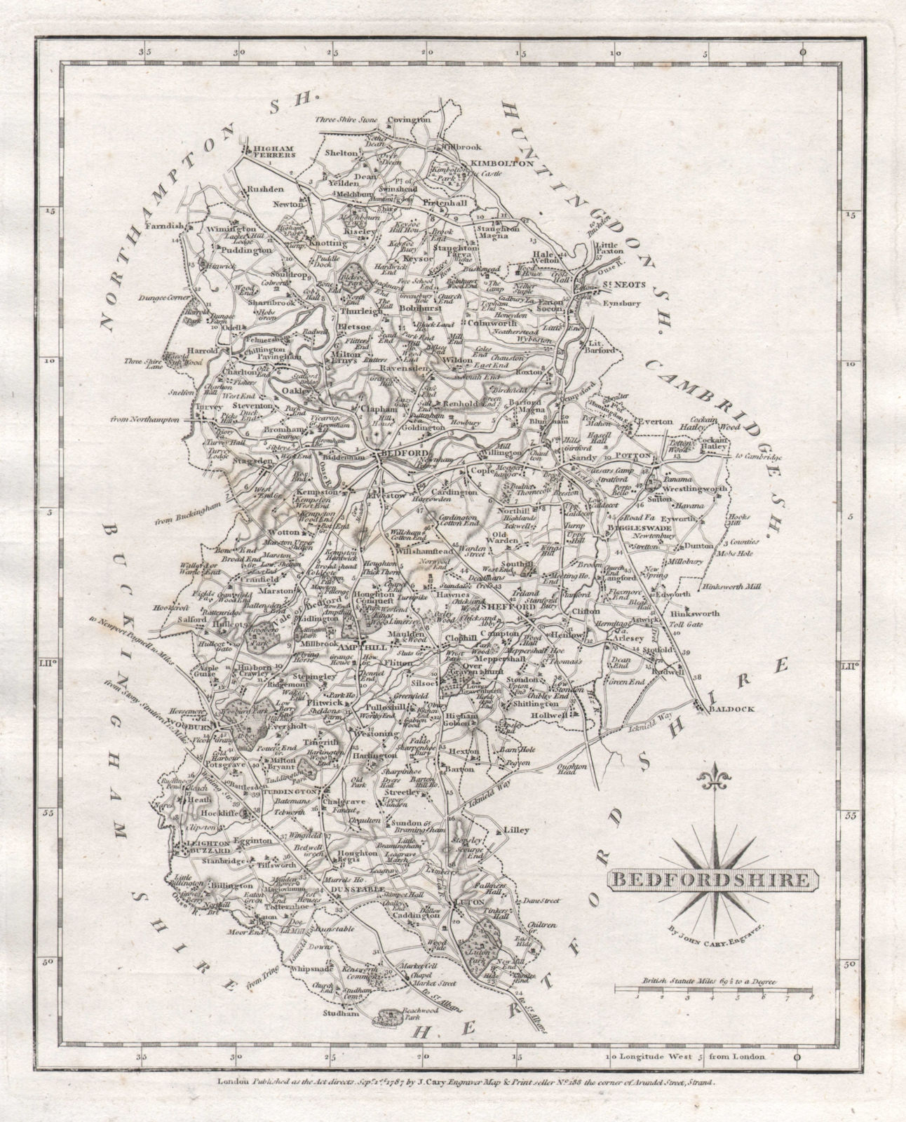 Antique county map of BEDFORDSHIRE by JOHN CARY 1787 old chart