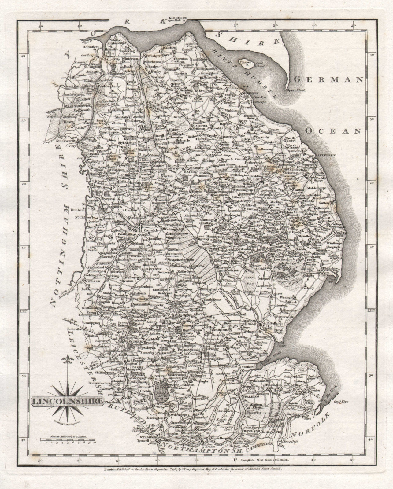 Antique county map of LINCOLNSHIRE by JOHN CARY 1787 old chart