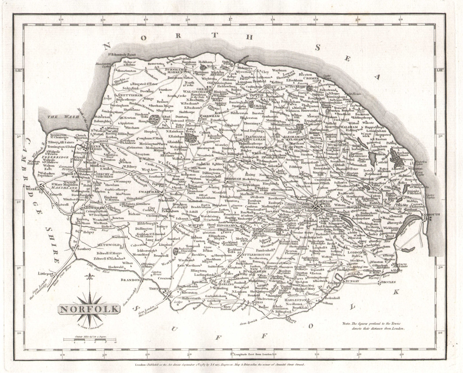 Antique county map of NORFOLK by JOHN CARY 1787 old plan chart