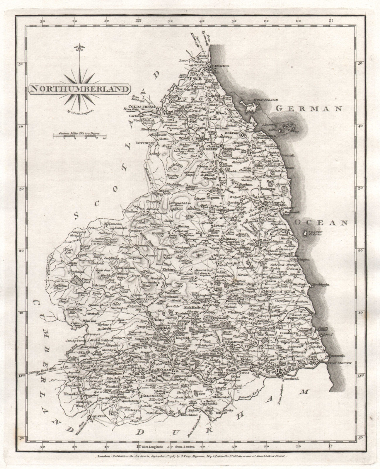 Antique county map of NORTHUMBERLAND by JOHN CARY 1787 old chart