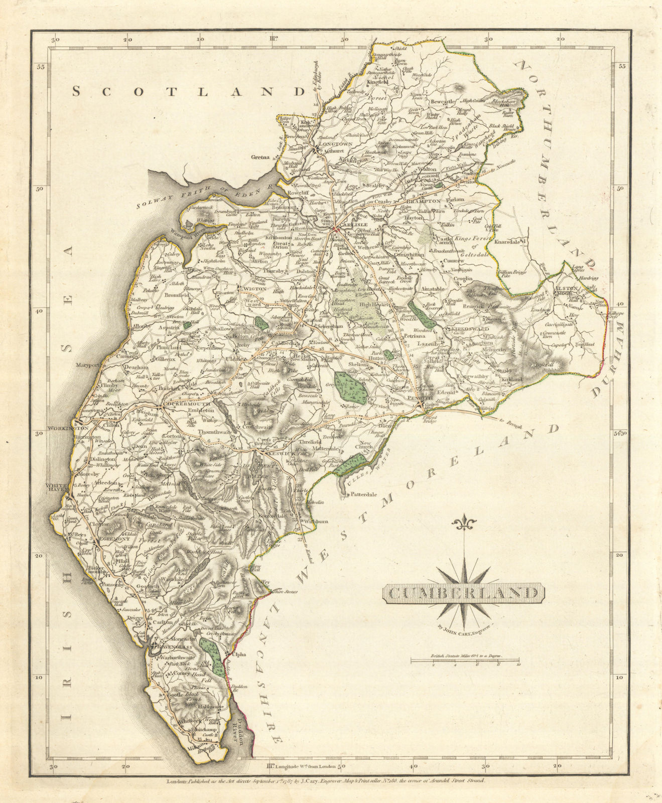 Antique county map of CUMBERLAND by JOHN CARY with original colour c1793