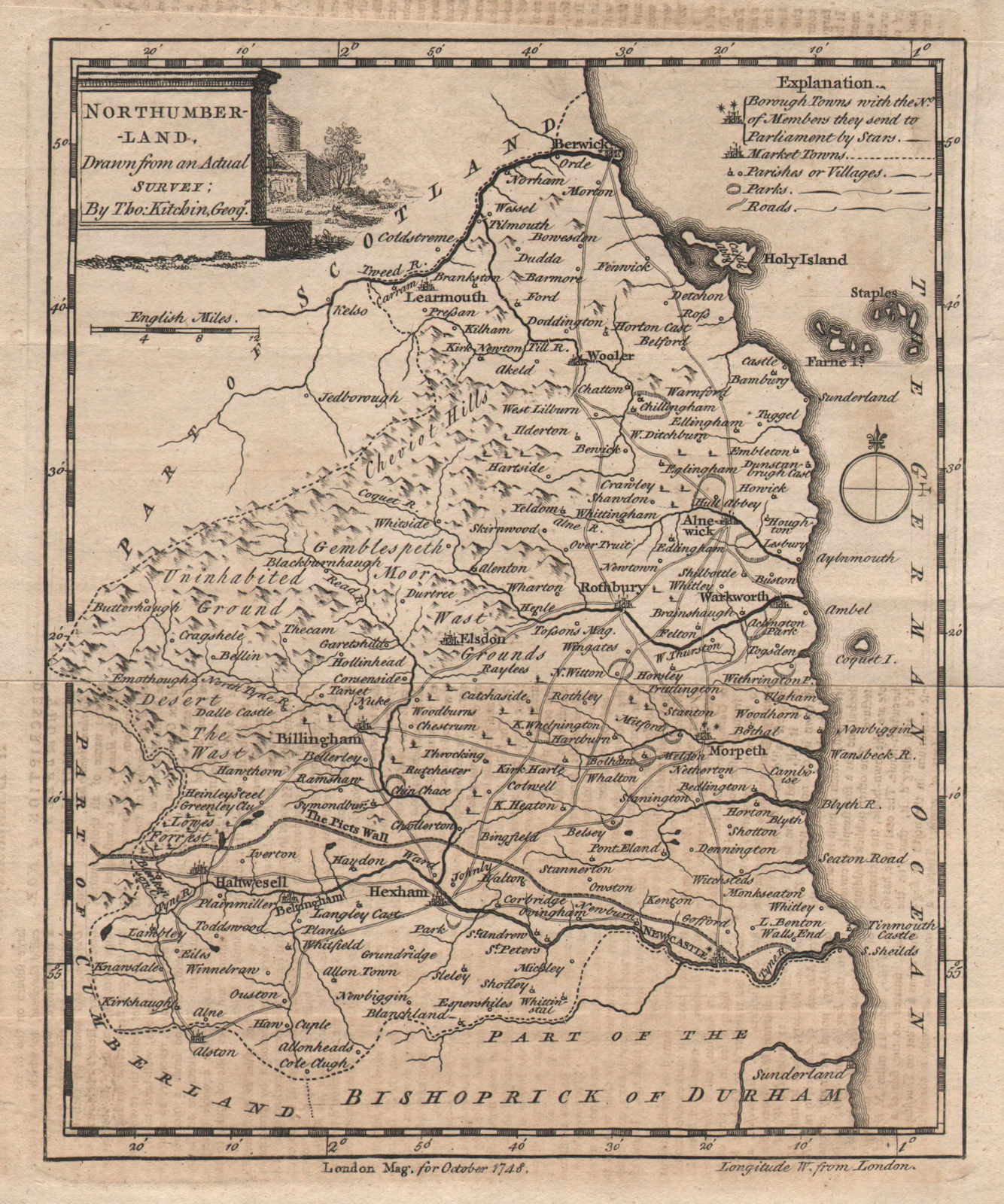Antique county map of "Northumberland drawn from an actual survey". KITCHIN 1748