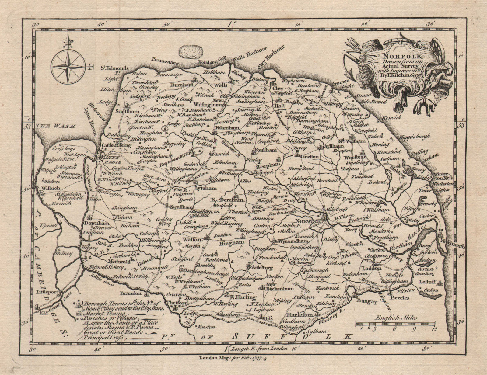 County map of "Norfolk, drawn from an actual survey…". KITCHIN 1748 old