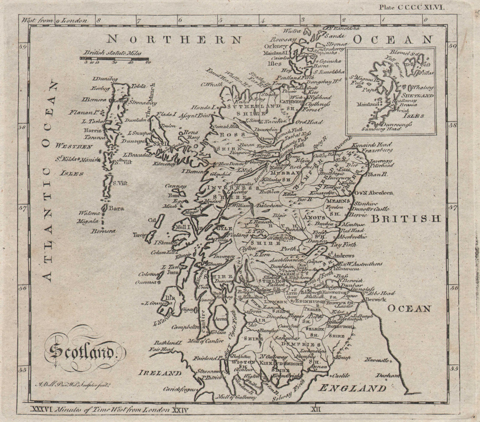 Antique map of SCOTLAND by Andrew BELL c1770 old plan chart