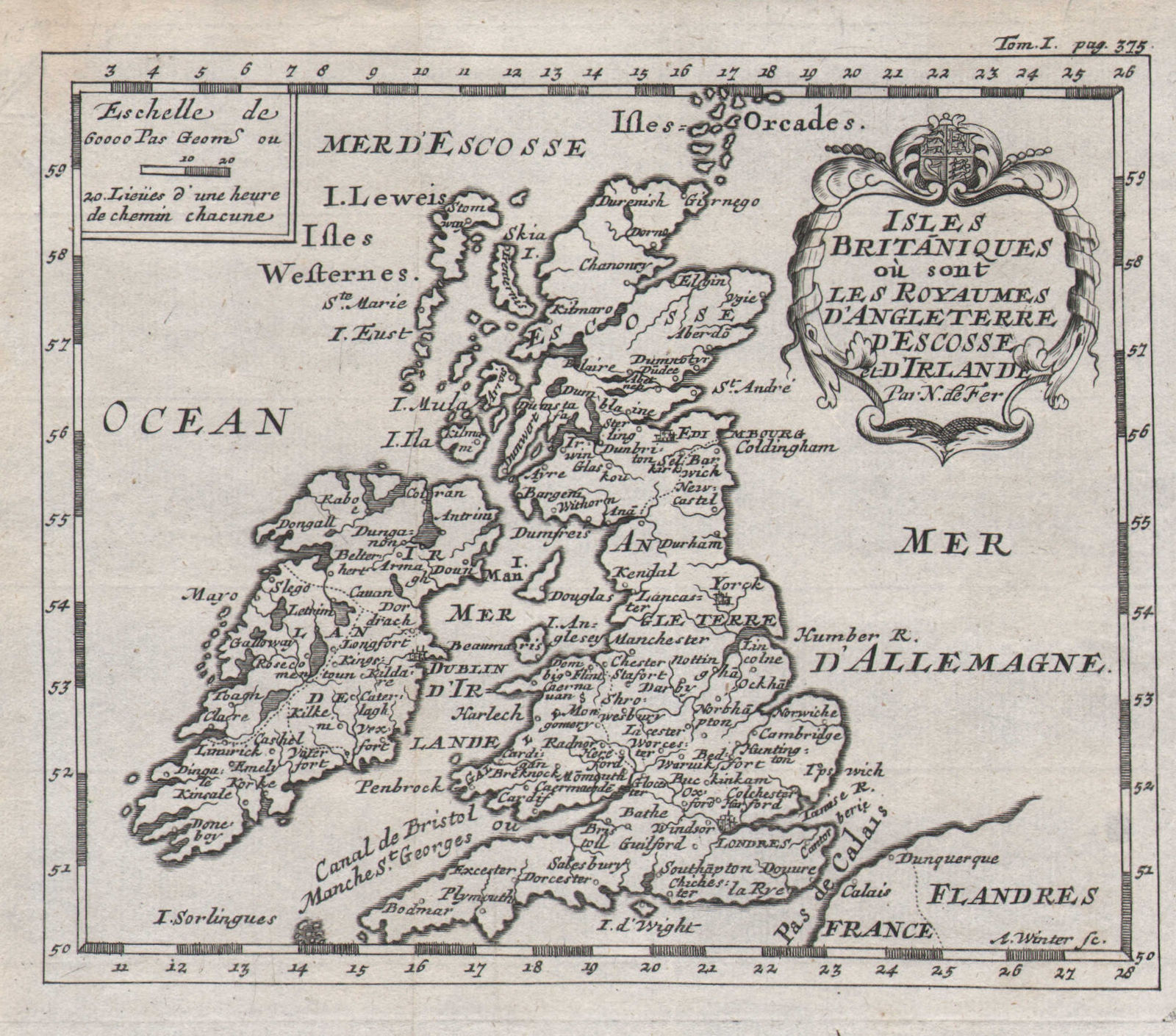 "Isles Britaniques ou sont les Royaumes d'Angleterre…". DE FER c1684 old map