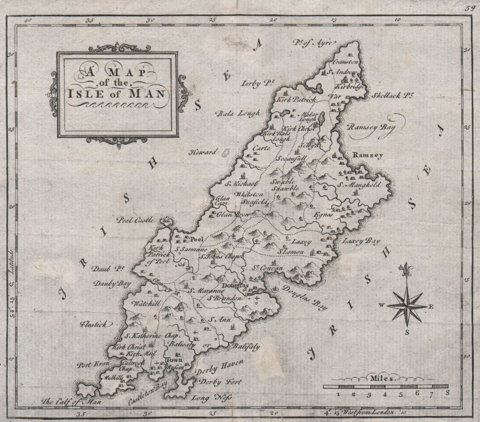 "A map of the Isle of Man". Antique map by Thomas HUTCHINSON 1748 old