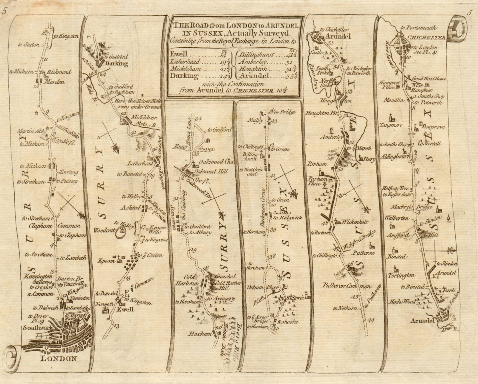 London Clapham Epsom Leatherhead Arundel Chichester. KITCHIN road map 1767