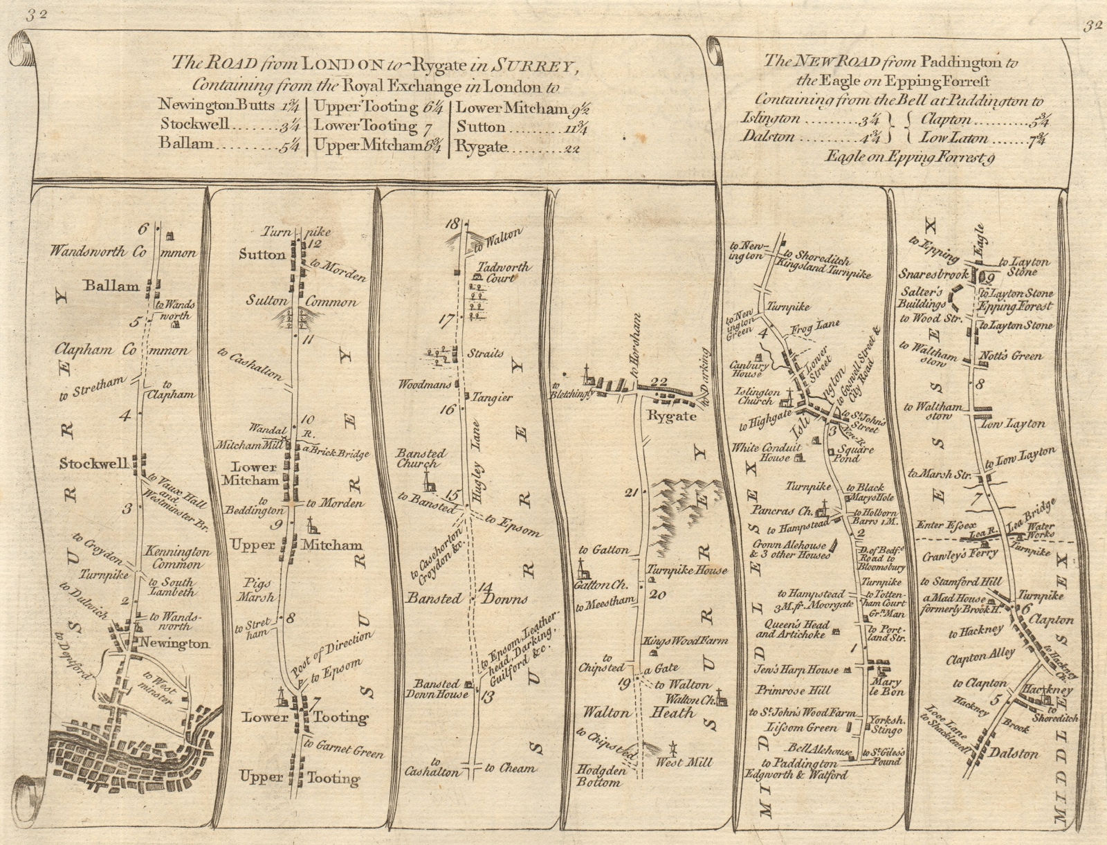 Stockwell Tooting Reigate Marylebone Euston Islington. KITCHIN road map 1767