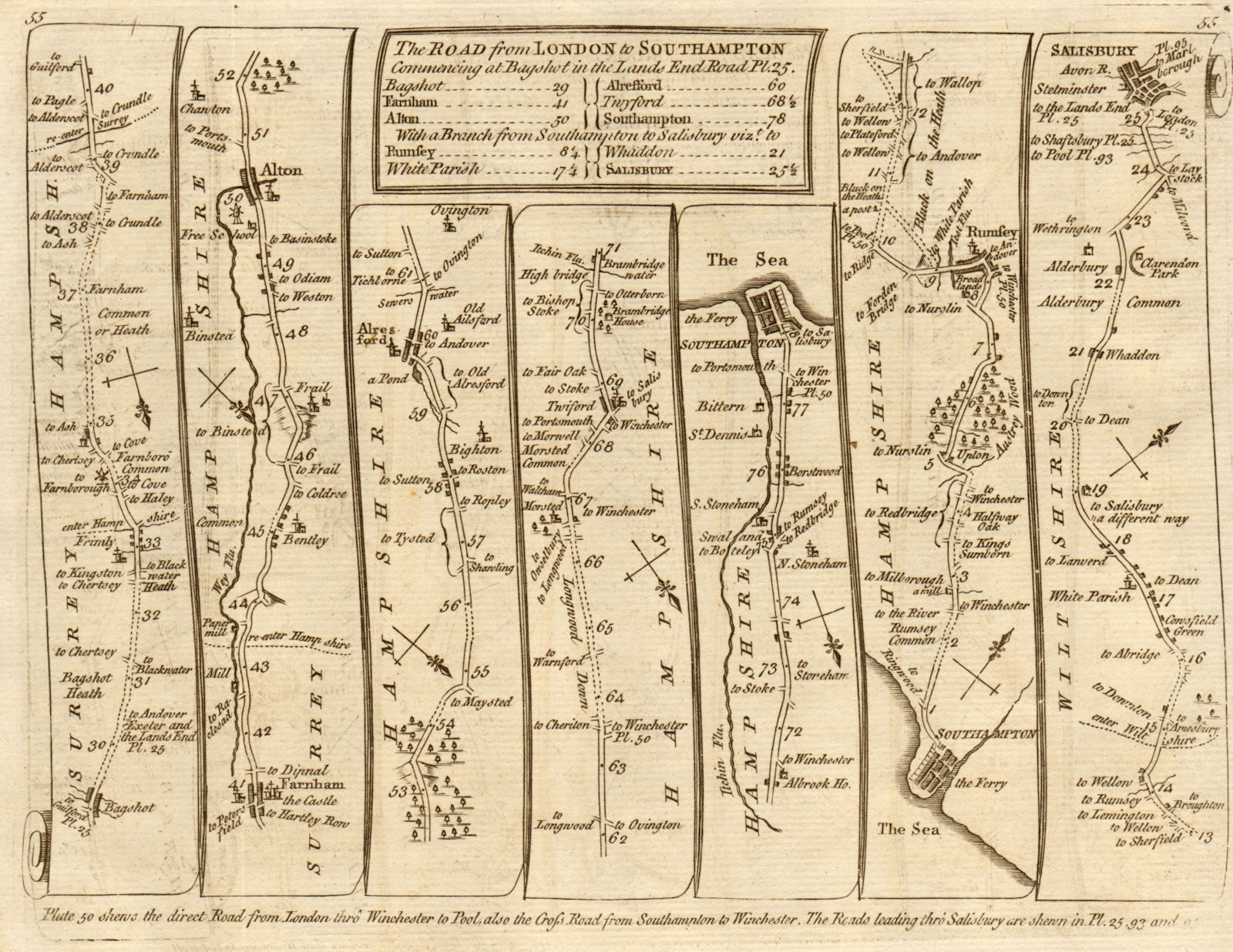 Bagshot Farnham Twyford Southampton Romsey Salisbury. KITCHIN road map 1767