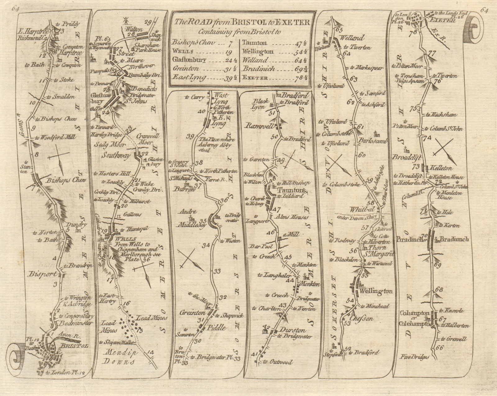 Bristol Glastonbury Lyng Taunton Wellington Exeter. KITCHIN road map 1767