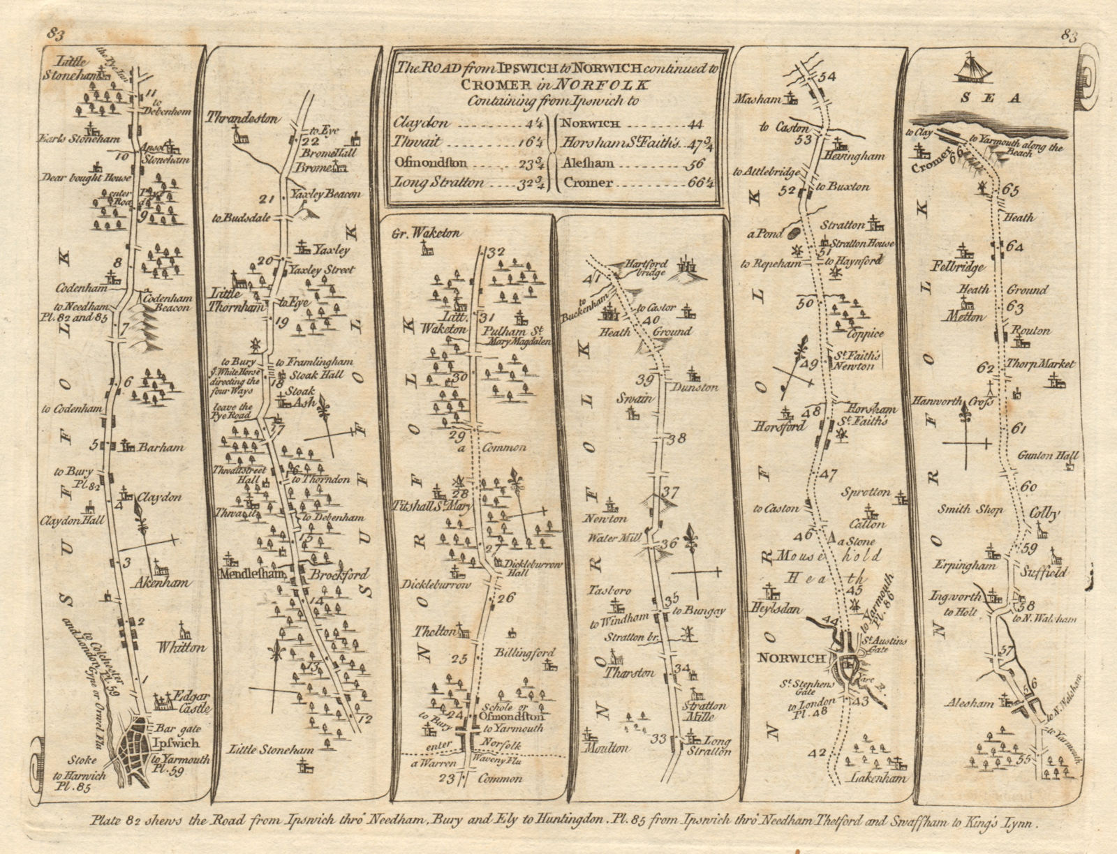 Ipswich Mendlesham Yaxley Scole Norwich Cromer. KITCHIN road map 1767 old