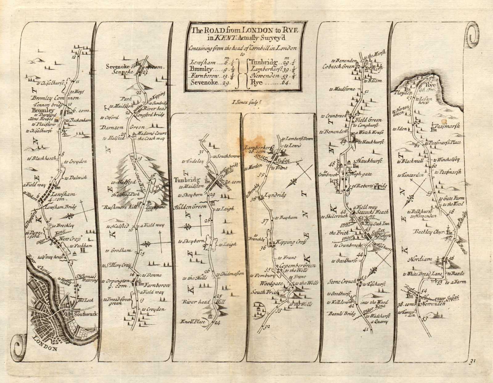 London Bromley Lewisham Bromley Sevenoaks Tonbridge Rye SENEX #31 road map 1719