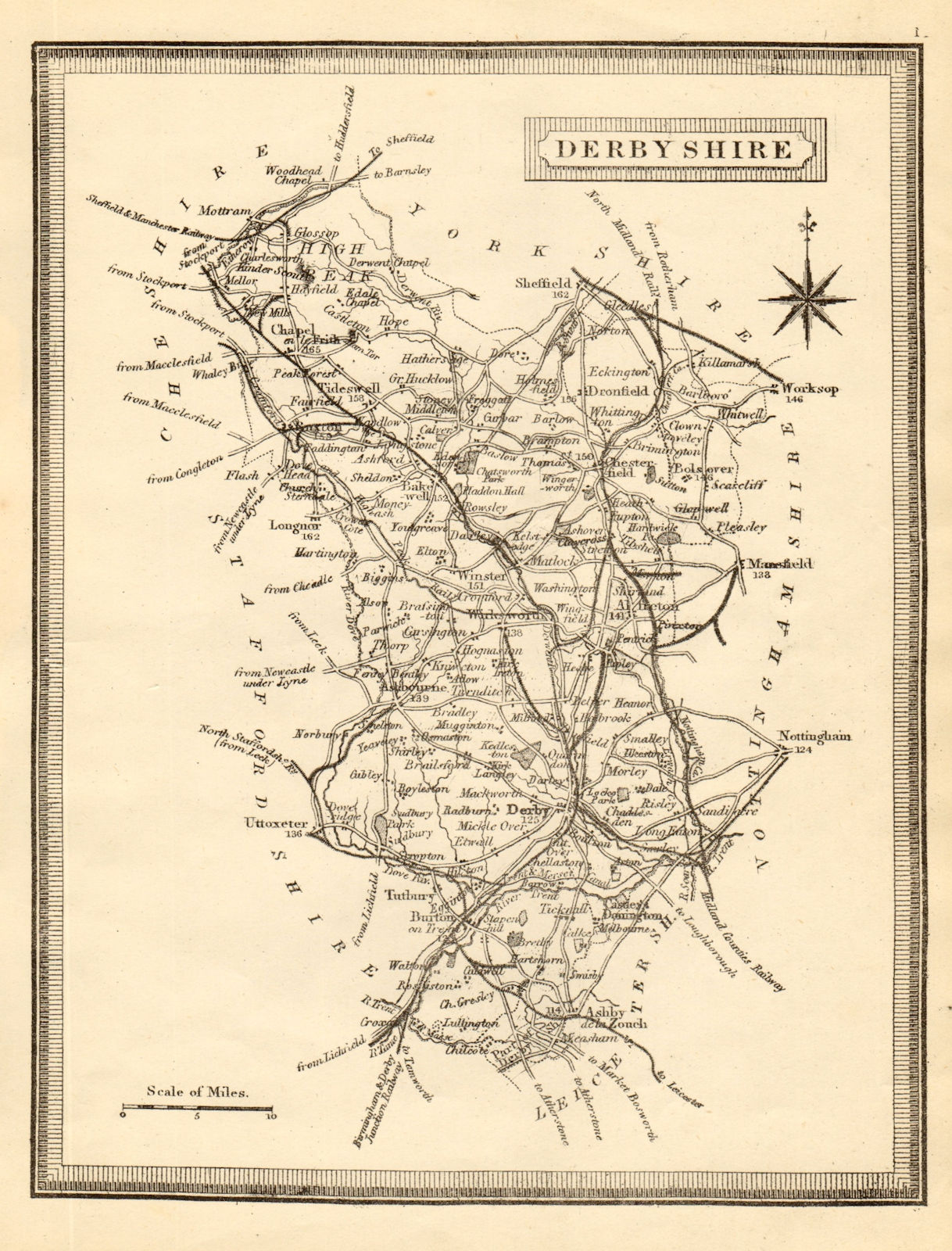 Antique county map of Derbyshire by John Heywood. Railways & coach roads c1864