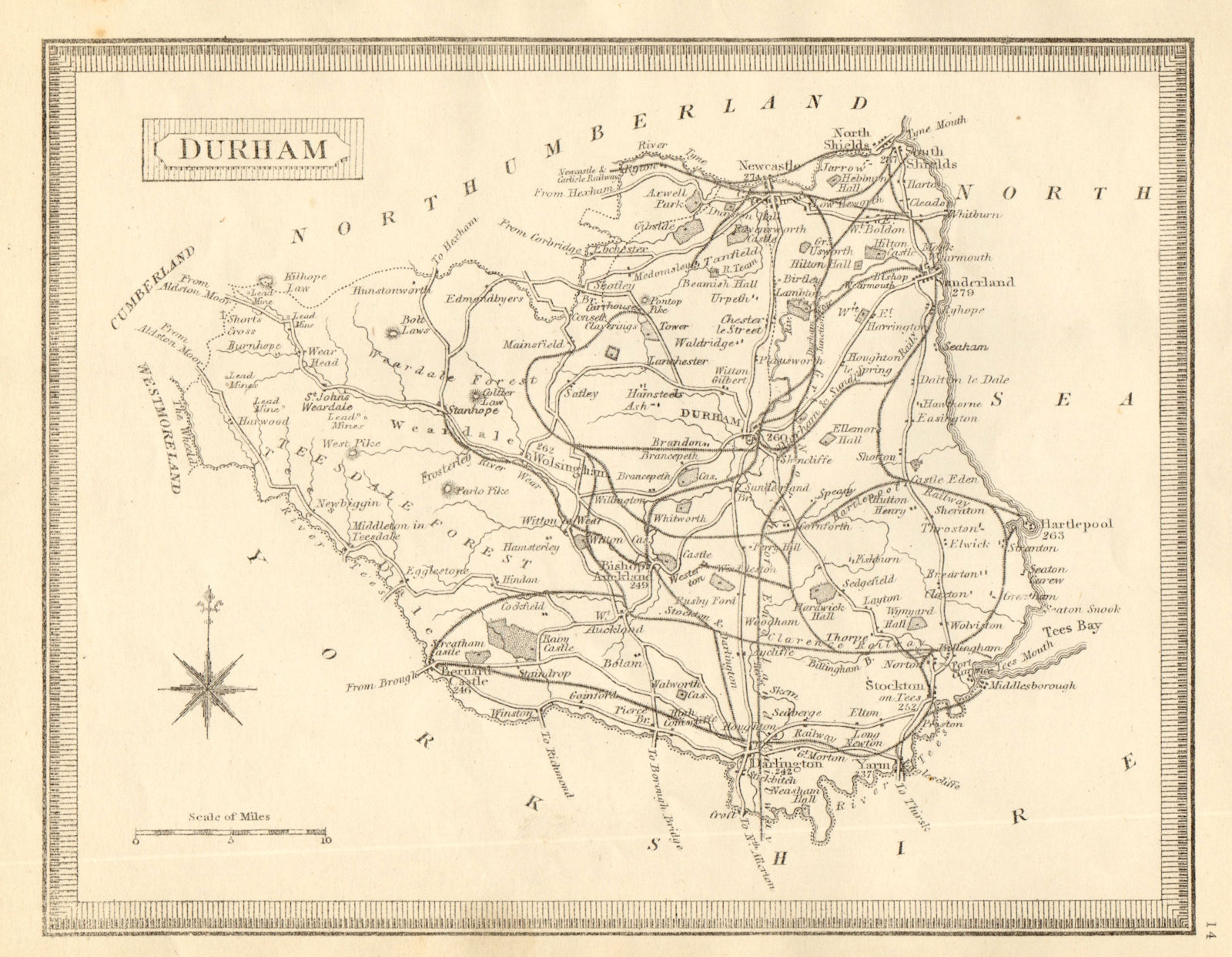Antique county map of Durham by John Heywood. Railways & coach roads c1864