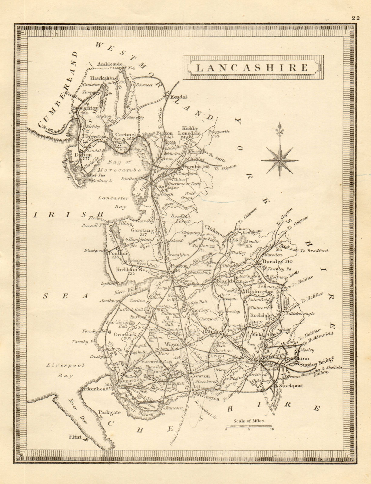 Antique county map of Lancashire by John Heywood. Railways & coach roads c1864