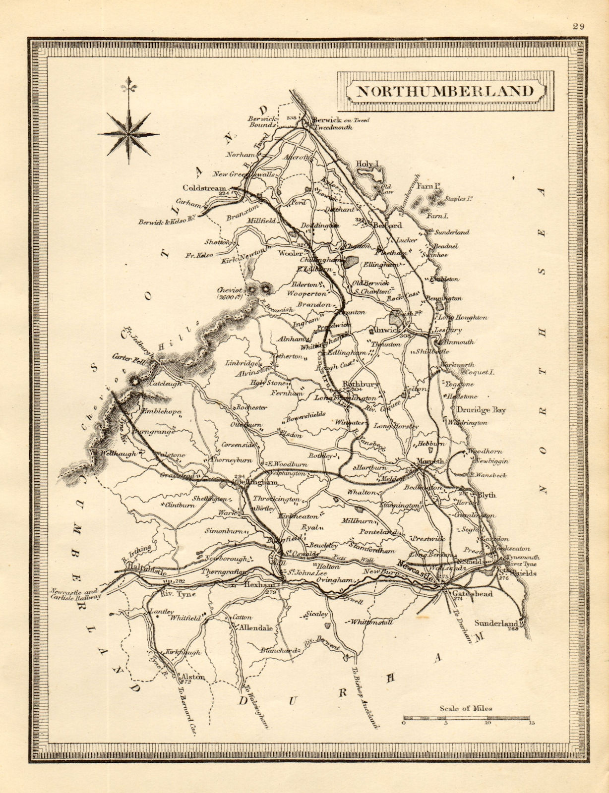 Antique county map of Northumberland. John Heywood. Railways. Coach roads c1864
