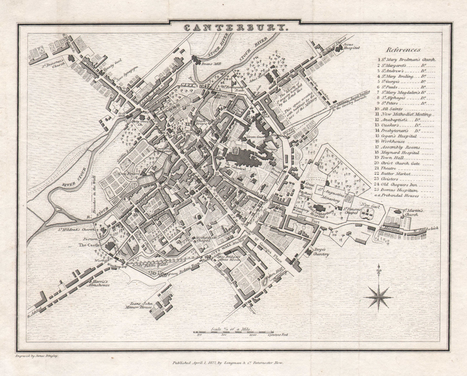 Antique town city plan of CANTERBURY by Jas. BINGLEY after COLE & ROPER 1822 map